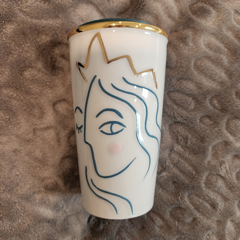 Starbucks Ceramic Travel Coffee Mug Mermaid White Gold Teal